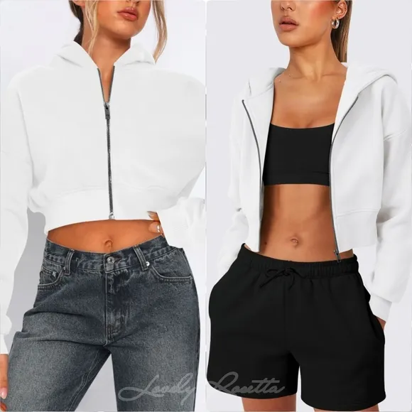 White Cropped Hooded Zip-Up Jacket