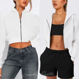 White Cropped Hooded Zip-Up Jacket