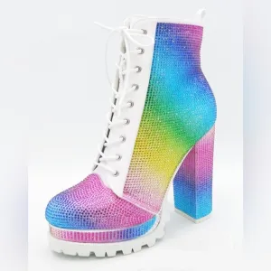 White Rainbow Rhinestone Chunky Heel Combat Boots