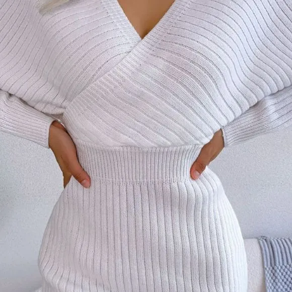 White Rib-Knit Sweater Dress
