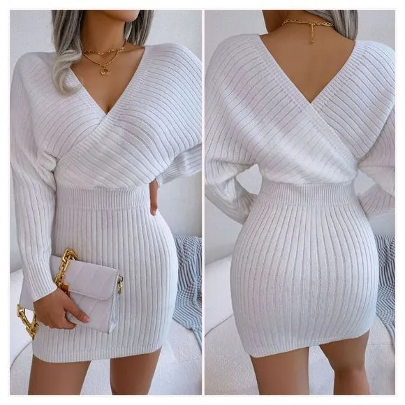 White Rib-Knit Sweater Dress