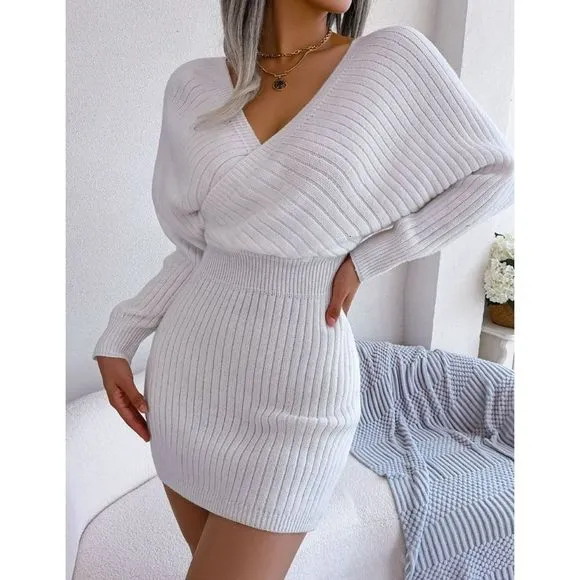 White Rib-Knit Sweater Dress