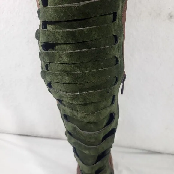 Women Knee High Suede Snow Boots Motorcycle Retro Punk Gothic Shoes  Green