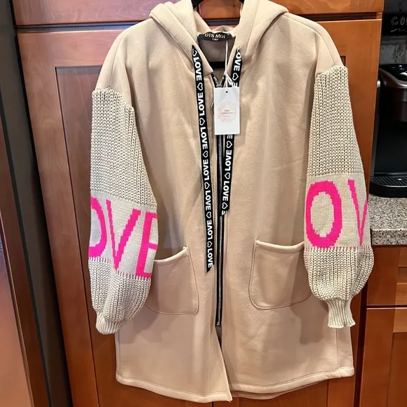 Women Zip Up Fleece Hoodies Tunic Sweatshirt Long Hoodie Jacket Oversize  Beige