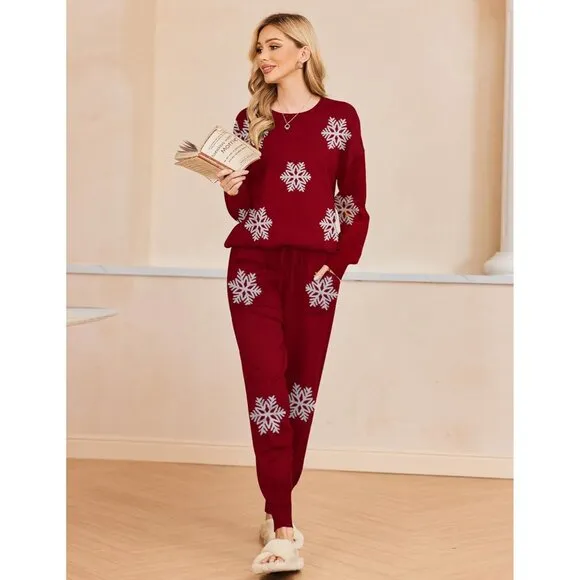Women's 2 Piece Lounge Set Long Sleeve Knit Pajamas Sweatsuit Jogger Pant Outfit