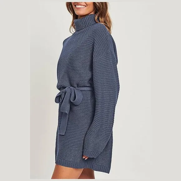 Women's 2024 Fall Sweater Dresses Turtleneck Batwing Brown