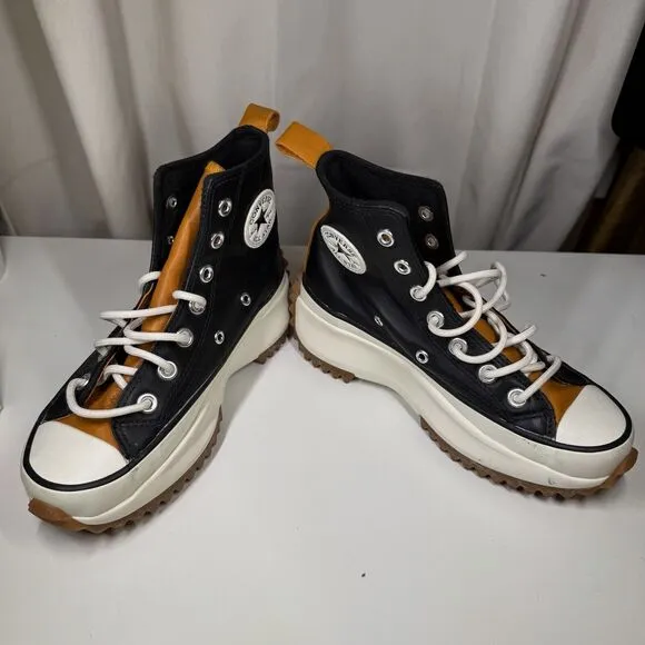 Womens 5 Converse Run Star Hike High Black Saffron Yellow Leather Shoe 568649C