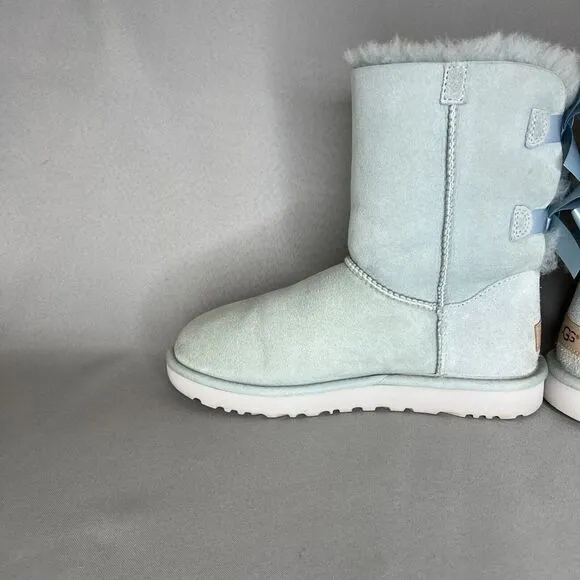 Womens 8 Ugg Boots Bailey Bow Ether Baby Blue Suede Sheepskin Coquette Very Rare
