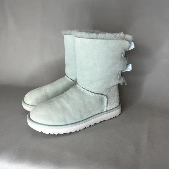 Womens 8 Ugg Boots Bailey Bow Ether Baby Blue Suede Sheepskin Coquette Very Rare