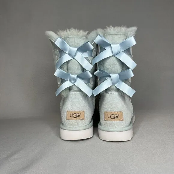 Womens 8 Ugg Boots Bailey Bow Ether Baby Blue Suede Sheepskin Coquette Very Rare