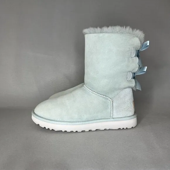 Womens 8 Ugg Boots Bailey Bow Ether Baby Blue Suede Sheepskin Coquette Very Rare