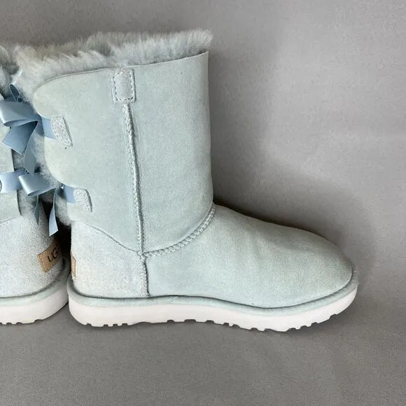 Womens 8 Ugg Boots Bailey Bow Ether Baby Blue Suede Sheepskin Coquette Very Rare