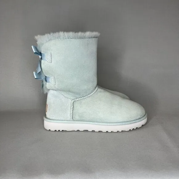 Womens 8 Ugg Boots Bailey Bow Ether Baby Blue Suede Sheepskin Coquette Very Rare