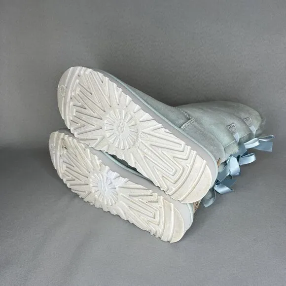 Womens 8 Ugg Boots Bailey Bow Ether Baby Blue Suede Sheepskin Coquette Very Rare