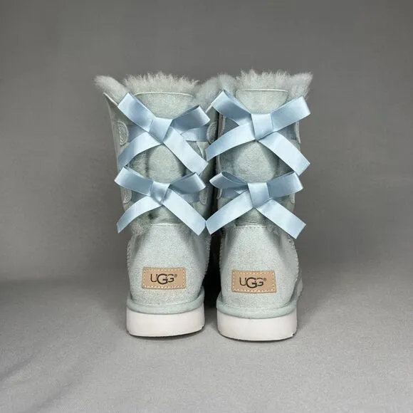 Womens 8 Ugg Boots Bailey Bow Ether Baby Blue Suede Sheepskin Coquette Very Rare