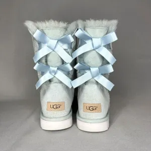 Womens 8 Ugg Boots Bailey Bow Ether Baby Blue Suede Sheepskin Coquette Very Rare