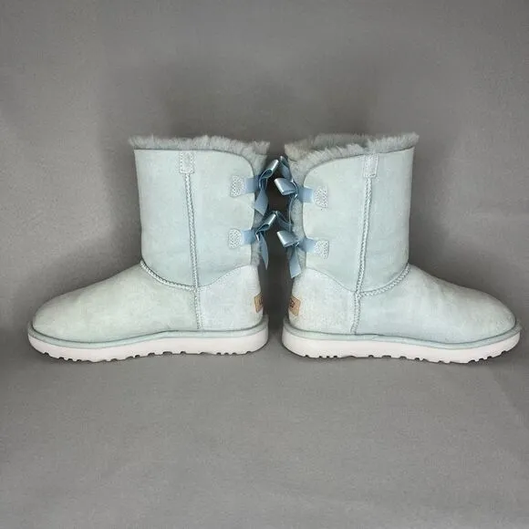 Womens 8 Ugg Boots Bailey Bow Ether Baby Blue Suede Sheepskin Coquette Very Rare