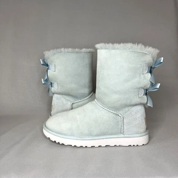 Womens 8 Ugg Boots Bailey Bow Ether Baby Blue Suede Sheepskin Coquette Very Rare
