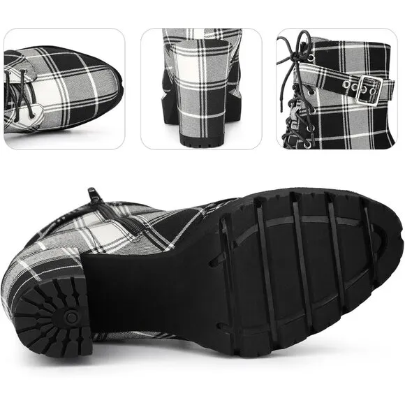 ✨Women's Black Platform Lace Up Chunky Heel Plaid Printed Ankle Combat Boots