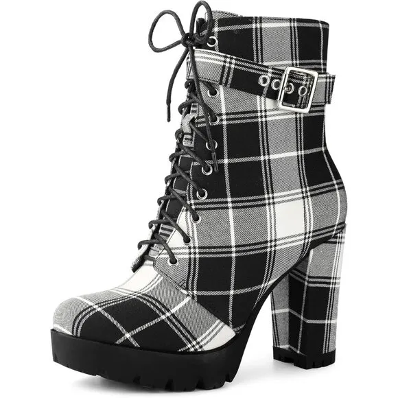 ✨Women's Black Platform Lace Up Chunky Heel Plaid Printed Ankle Combat Boots