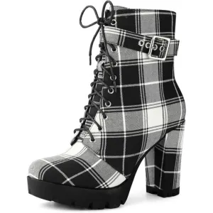 ✨Women's Black Platform Lace Up Chunky Heel Plaid Printed Ankle Combat Boots