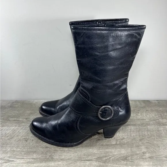 Women's Born W61284 Mid-Calf Fashion Black Leather Zip Cone Heels Boots Size 7.5