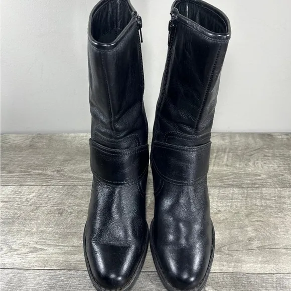 Women's Born W61284 Mid-Calf Fashion Black Leather Zip Cone Heels Boots Size 7.5