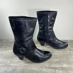 Women's Born W61284 Mid-Calf Fashion Black Leather Zip Cone Heels Boots Size 7.5