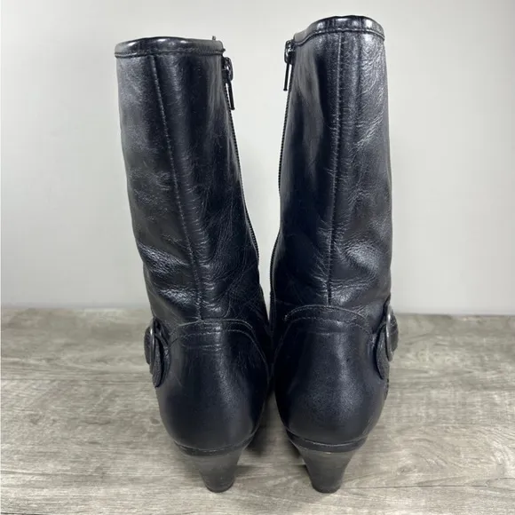 Women's Born W61284 Mid-Calf Fashion Black Leather Zip Cone Heels Boots Size 7.5