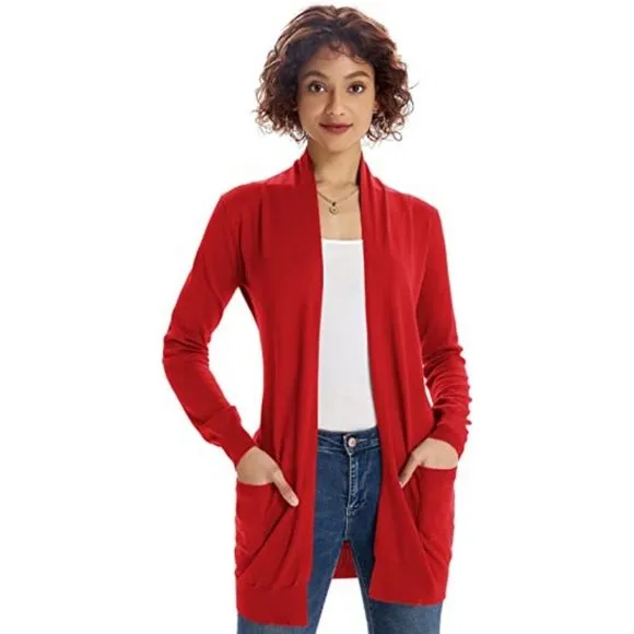 Women's Casual Open Front Cardigan Long Knitted Sweaters with Pockets, Red
