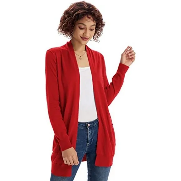 Women's Casual Open Front Cardigan Long Knitted Sweaters with Pockets, Red