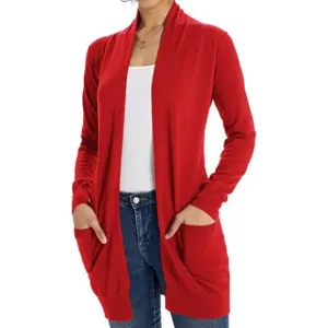 Women's Casual Open Front Cardigan Long Knitted Sweaters with Pockets, Red