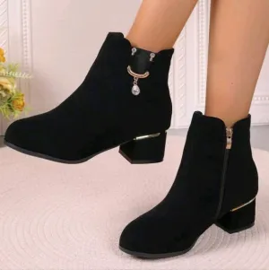 Women's Fall/Winter Matte Ankle Boots, Chunky/Medium Heel, Rhinestone Buckle