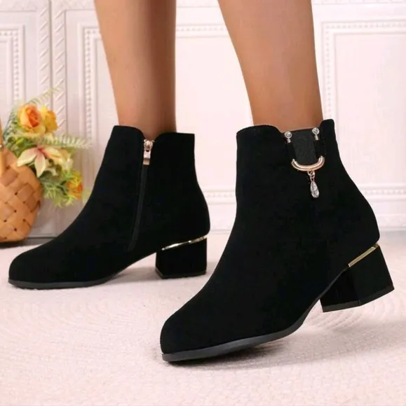 Women's Fall/Winter Matte Ankle Boots, Chunky/Medium Heel, Rhinestone Buckle