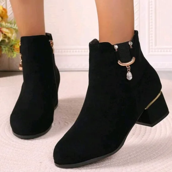Women's Fall/Winter Matte Ankle Boots, Chunky/Medium Heel, Rhinestone Buckle