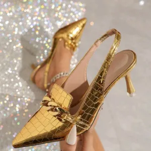 Women's Fashionable Open-Back Metal Chain Decor Pointy-Toe High Heel Sandals