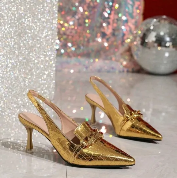 Women's Fashionable Open-Back Metal Chain Decor Pointy-Toe High Heel Sandals