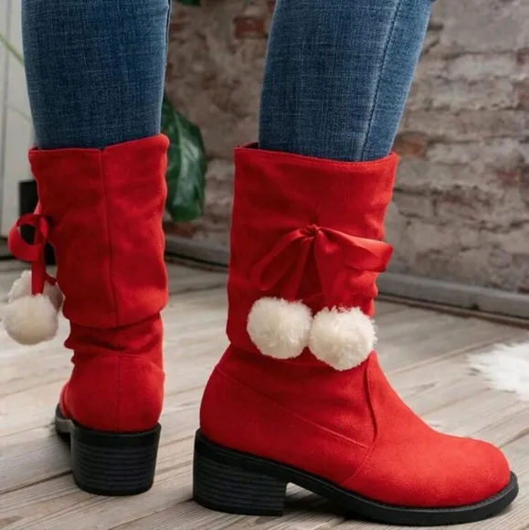 Women's Mid-Calf Boots, Red High Heel Round Toe Fluffy Boots