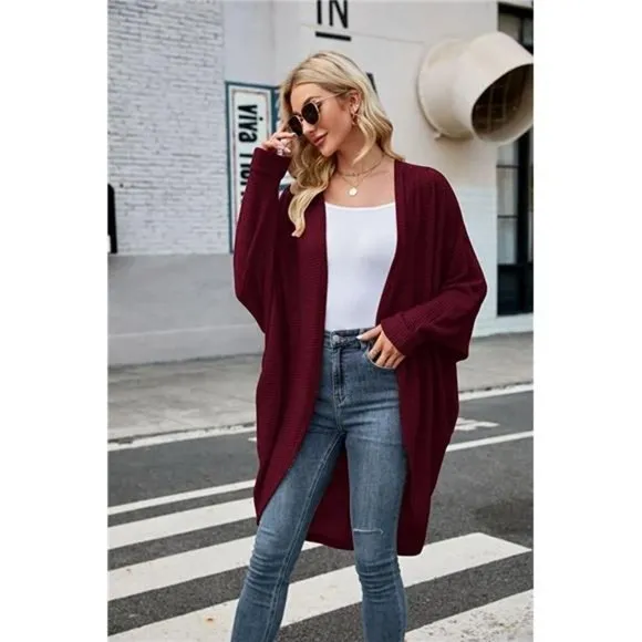 Women's Open Front Knit Cardigan Long Batwing Sleeve Coat, Burgundy