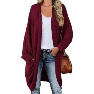 Women's Open Front Knit Cardigan Long Batwing Sleeve Coat, Burgundy