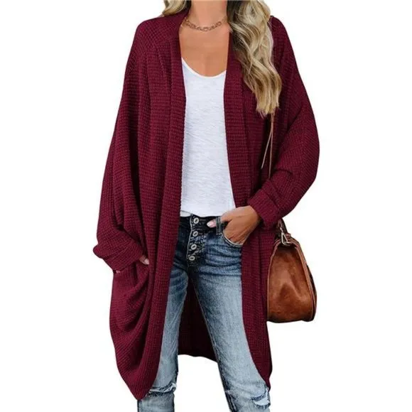 Women's Open Front Knit Cardigan Long Batwing Sleeve Coat, Burgundy