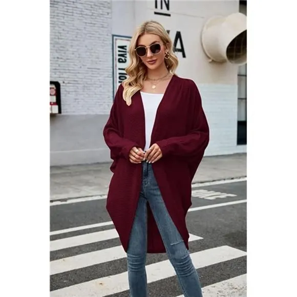 Women's Open Front Knit Cardigan Long Batwing Sleeve Coat, Burgundy