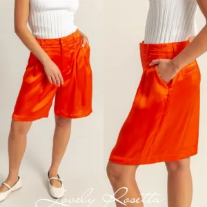 Women's Orange Pleated Satin Shorts