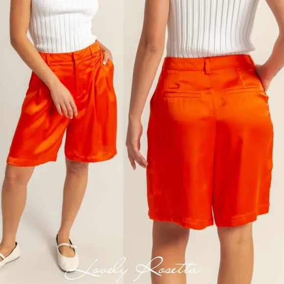 Women's Orange Pleated Satin Shorts