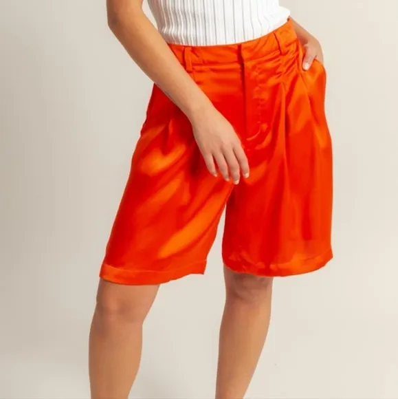 Women's Orange Pleated Satin Shorts