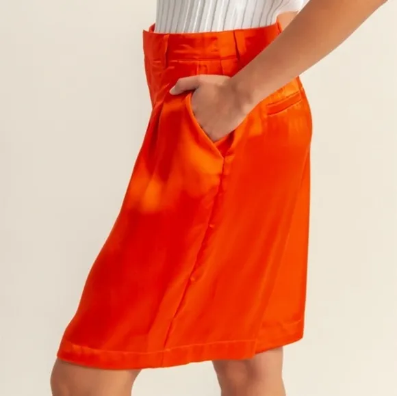 Women's Orange Pleated Satin Shorts