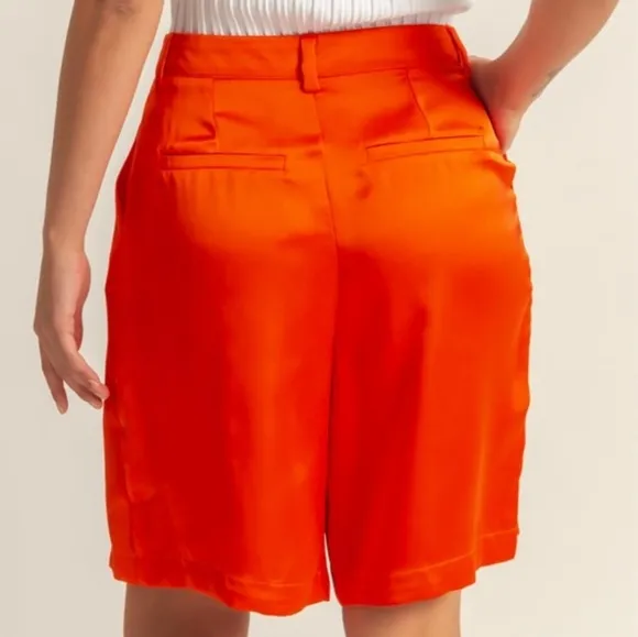 Women's Orange Pleated Satin Shorts