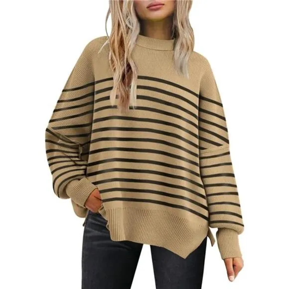 Women's Oversized Batwing Sweaters Crewneck Ribbed Knit Side Slit Pullover Tops