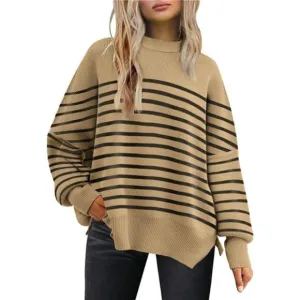 Women's Oversized Batwing Sweaters Crewneck Ribbed Knit Side Slit Pullover Tops