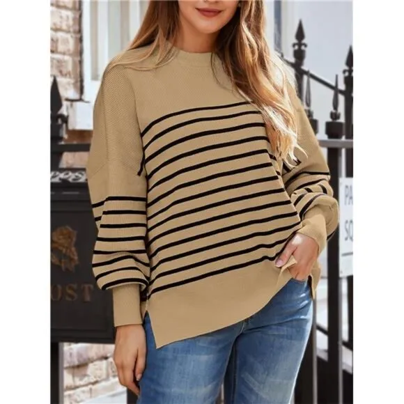 Women's Oversized Batwing Sweaters Crewneck Ribbed Knit Side Slit Pullover Tops